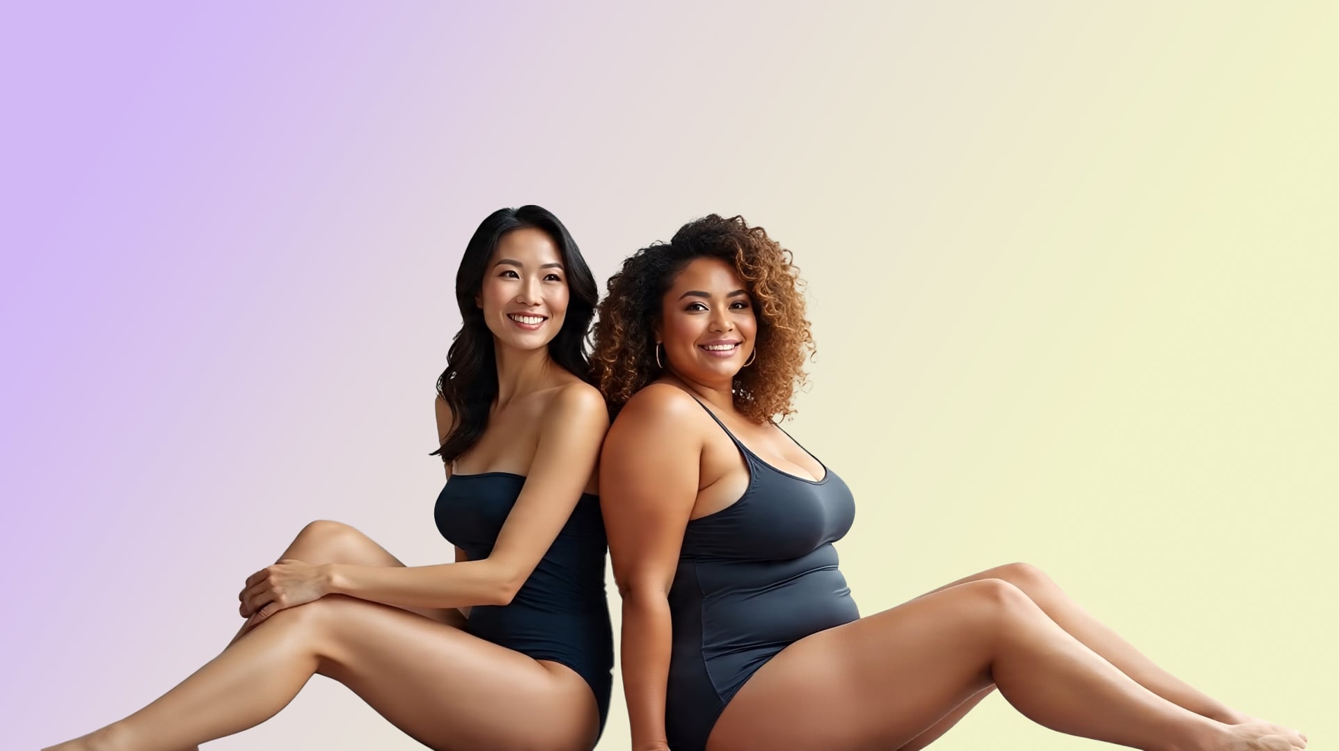 Two women sitting back-to-back, showcasing confidence and beauty, wearing dark swimsuits against a soft gradient background, representing aesthetic treatments at Prime Vitality.