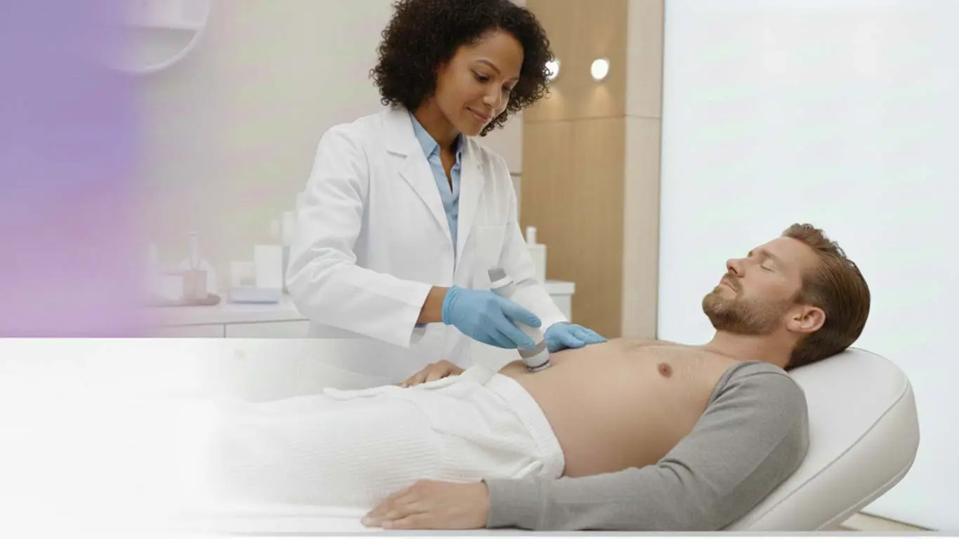 Medical professional performing non-invasive fat reduction treatment on a male patient, highlighting body contouring and skin tightening techniques in a clinical setting.