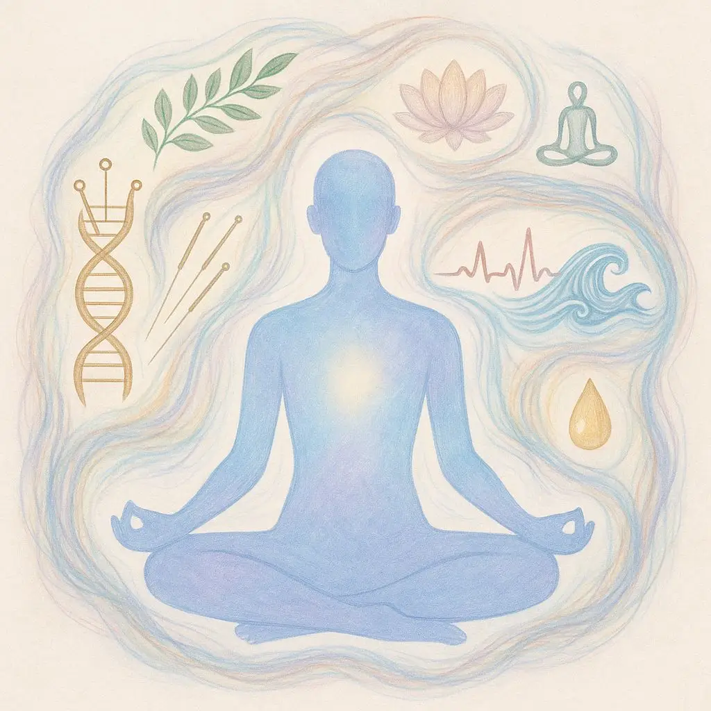 Meditating figure surrounded by symbols of health and wellness: DNA strand, acupuncture needles, heartbeat line, water droplet, lotus flower, and waves, representing functional medicine and holistic healing.