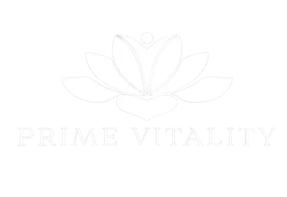 Dark red minimalist logo of Prime Vitality Total Wellness featuring a lotus flower design, representing health and wellness for men's health products.