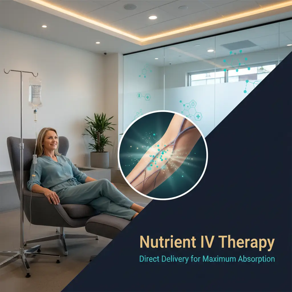 A relaxed patient sits in a modern wellness recliner receiving a clear IV drip while glowing teal and gold nutrient particles flow from the IV bag into a semi-transparent arm vein, symbolizing direct delivery of vitamins and minerals into the bloodstream for maximum absorption, with a clean, upscale medical-spa background and the text “Nutrient IV Therapy: Direct Delivery for Maximum Absorption.” (see the generated image above)