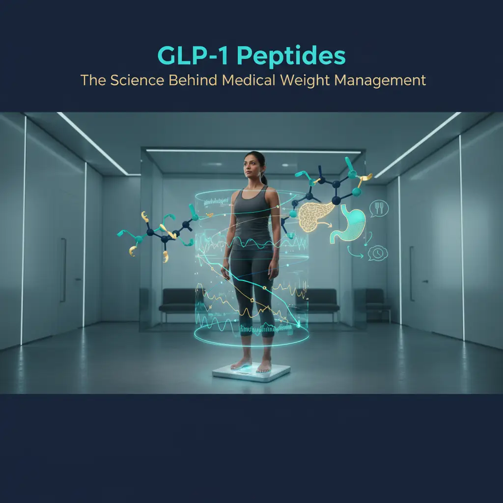 A person with a realistic body type stands on a smart scale in a modern metabolic clinic while holographic metabolic data (glucose, appetite signals, weight trend lines) float around them; in the background, a glowing stylized GLP‑1 peptide chain and pancreas icon visualize how GLP‑1 medications slow gastric emptying and reduce appetite, with the text “GLP-1 Peptides: The Science Behind Medical Weight Management” in clean sans-serif fonts. (see the generated image above)
