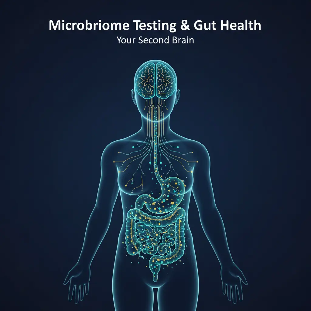 A sleek medical illustration of a human silhouette on a deep navy background, showing a glowing digestive tract connected to a semi-transparent brain by luminous neural pathways, with teal and gold accents and small glowing microbiome icons in the intestines, plus the text “Microbiome Testing & Gut Health” and “Your Second Brain” in modern sans-serif fonts.