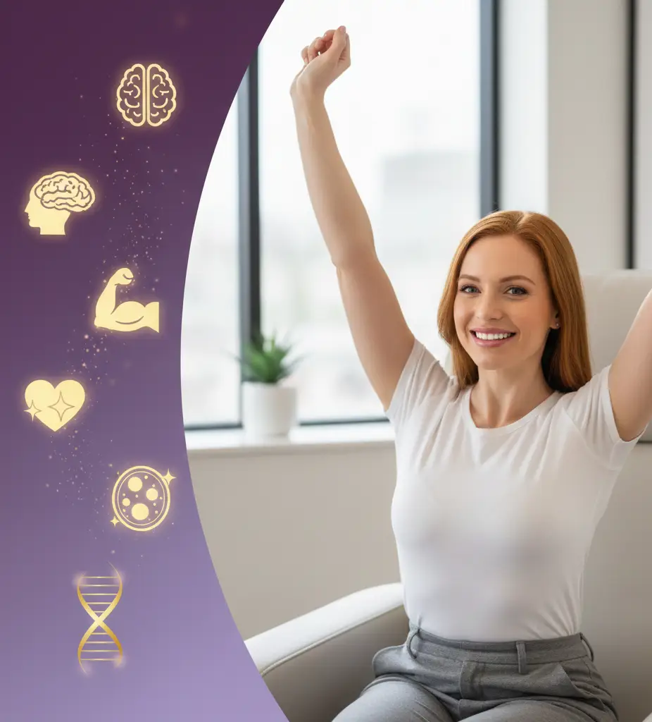 A women smiling in excitement reflecting healthy gut, healthy life