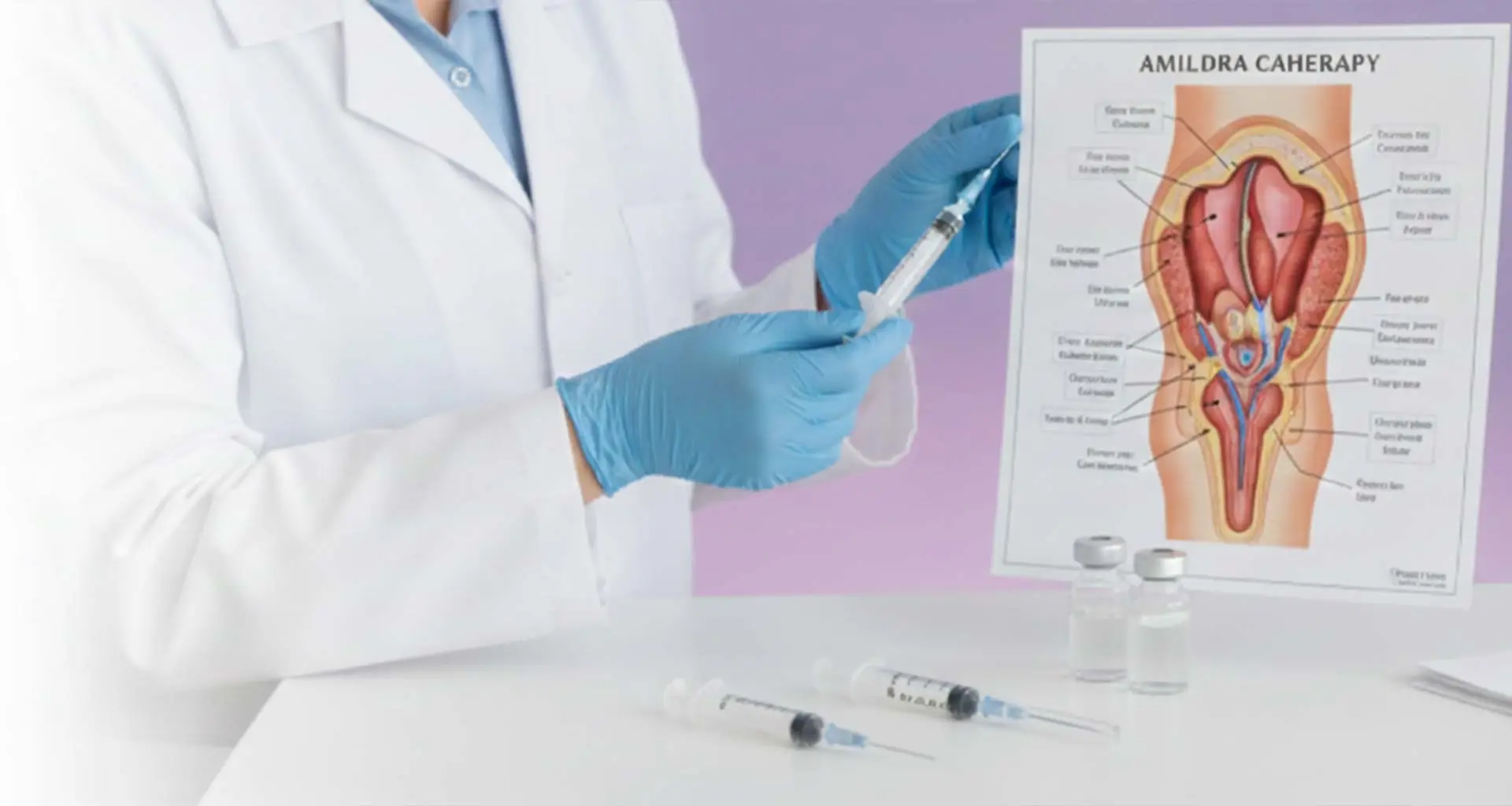 Medical professional in a lab coat holding a syringe and demonstrating Penile Injection Therapy with an anatomical diagram, emphasizing men's health and erectile dysfunction treatment.