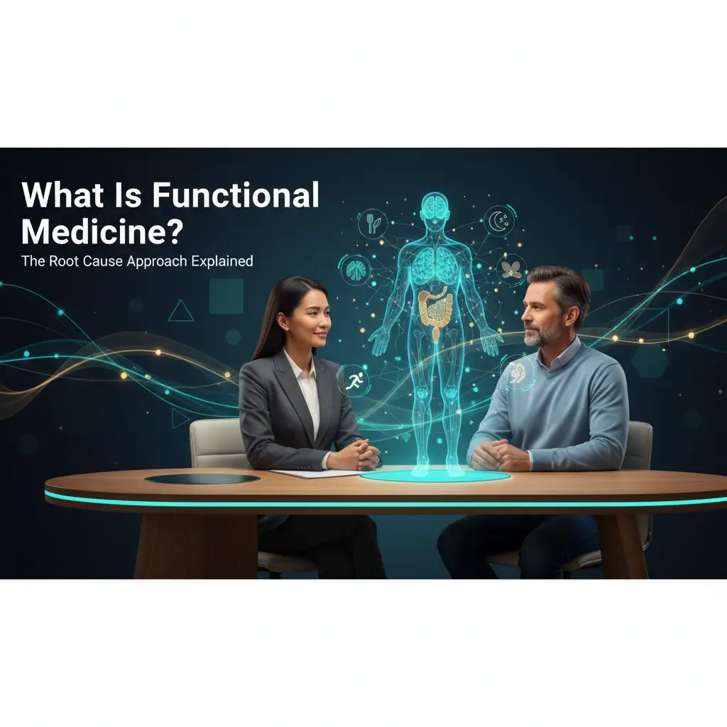 A functional medicine physician sits with a patient in a modern clinic, reviewing a large holographic body diagram that highlights interconnected systems—gut, brain, hormones, mitochondria, and immune pathways—linked by glowing lines, with small icons for food, sleep, stress, and movement around the edges and the text “What Is Functional Medicine? The Root Cause Approach Explained” in clean sans-serif fonts. (see the generated image above)