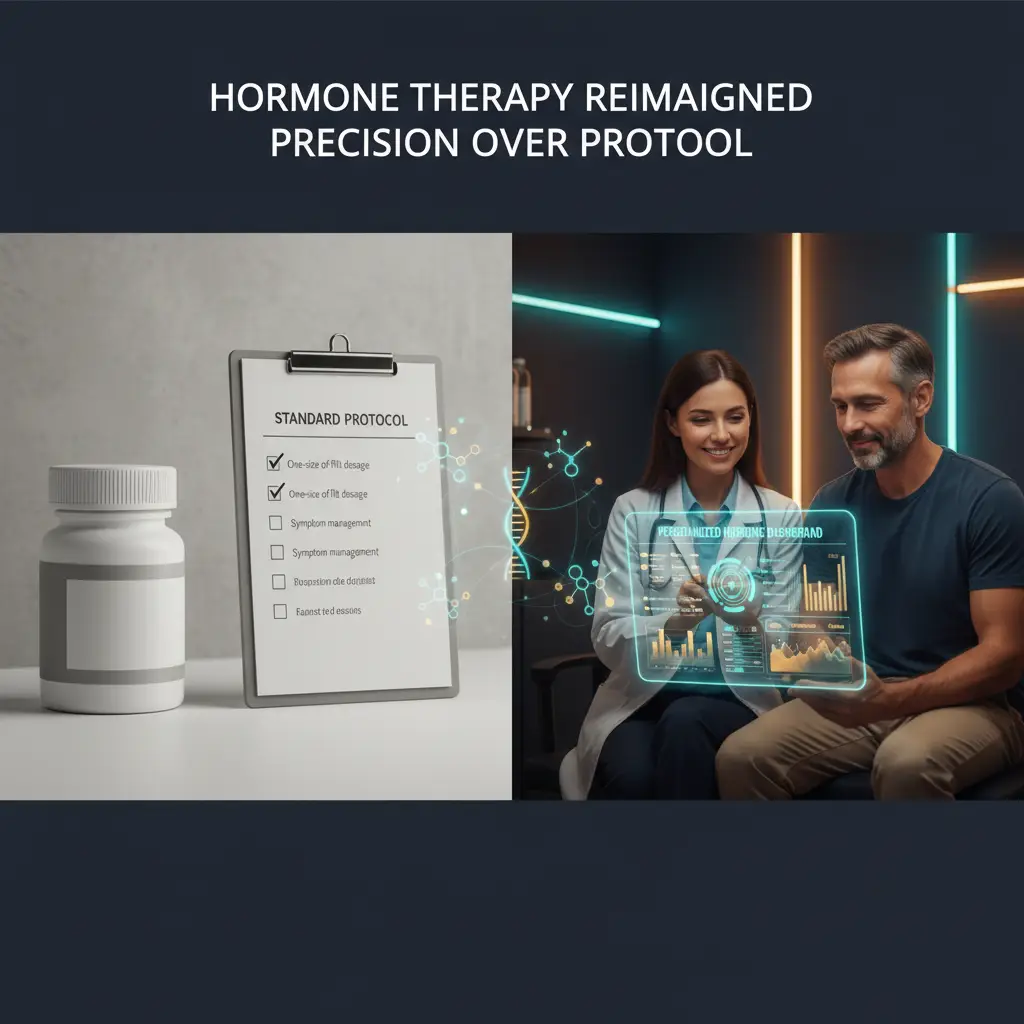 A split-screen hero image contrasts a dull, generic hormone pill bottle and rigid “Standard Protocol” checklist on the left with a modern physician and patient on the right reviewing a glowing tablet that displays a personalized hormone dashboard with graphs, hormone levels, and risk markers; a subtle DNA double-helix and hormone molecule icons connect both sides, with deep navy and charcoal tones accented by teal and gold and the headline text “Hormone Therapy Reimagined: Precision Over Protocol” in clean sans-serif fonts. (see the generated image above)
