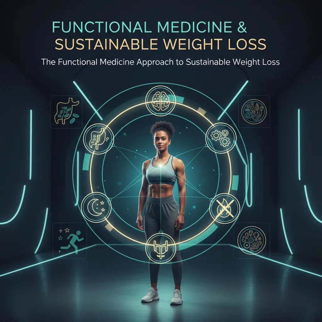 A diverse adult stands in the center of a circular holographic diagram labeled with icons for gut health, hormones, inflammation, sleep, stress, movement, and nutrition, each connected back to the person by glowing lines, with the headline “Functional Medicine & Sustainable Weight Loss” over a deep navy, tech-forward functional medicine clinic background. (see the generated image above)