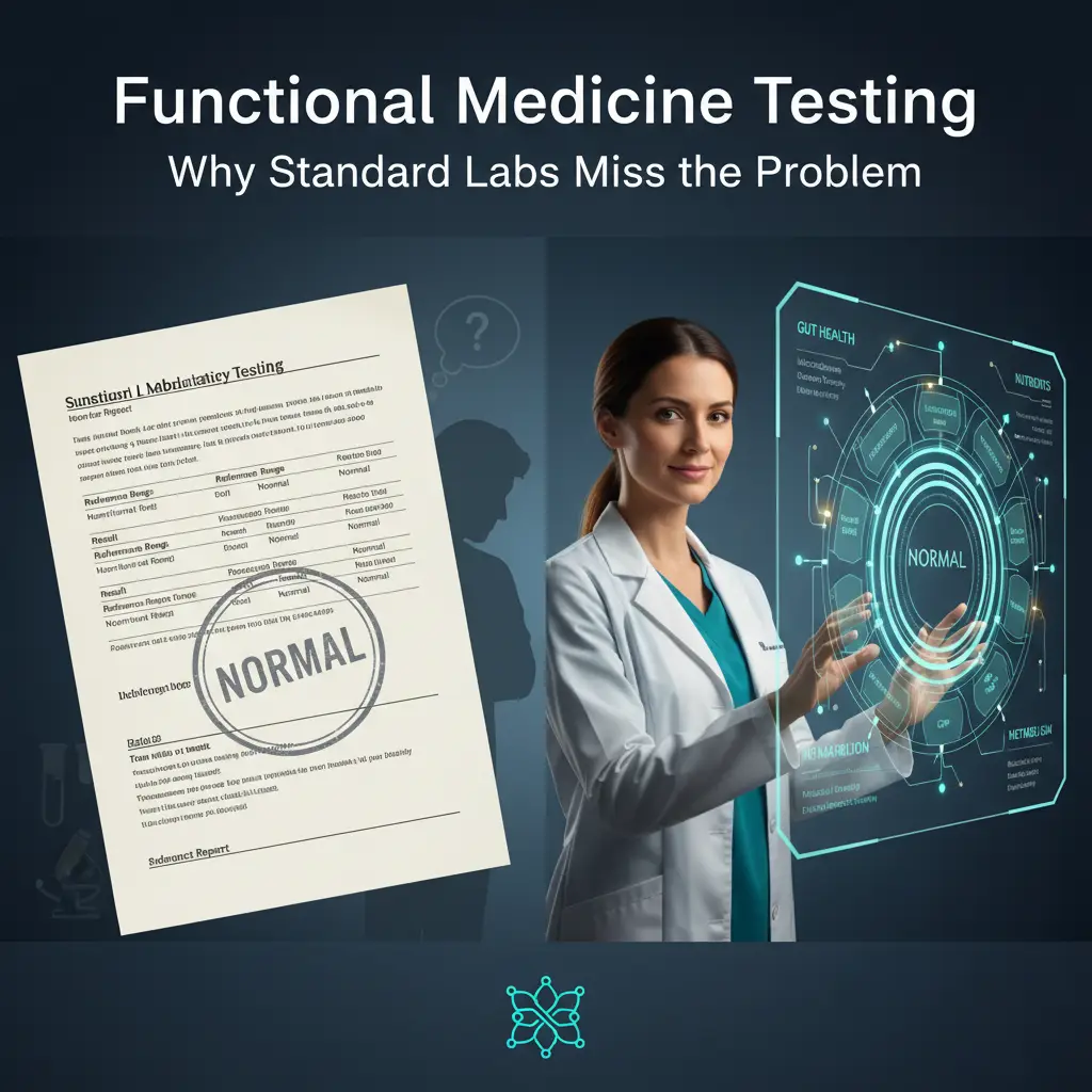 A split-screen hero image contrasts a gray “Normal” stamped standard lab report and a confused patient silhouette on the left with a functional medicine physician on the right reviewing a colorful, systems-based dashboard displaying interconnected markers for gut, hormones, nutrients, inflammation, and metabolism, with test tube and network icons and the title text “Functional Medicine Testing: Why Standard Labs Miss the Problem” over a deep navy, teal-accented clinical background. (see the generated image above)