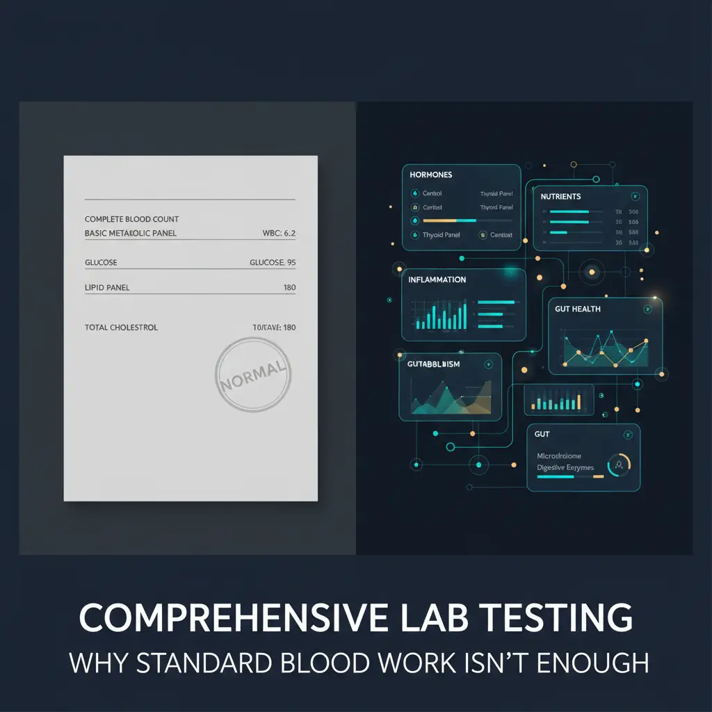 A split-screen hero image contrasts a basic blood test report with a few standard values on the left and a detailed, colorful comprehensive lab dashboard on the right showing expanded markers for hormones, nutrients, inflammation, cardiometabolic risk, and gut health, all connected by glowing network lines under the headline “Comprehensive Lab Testing: Why Standard Blood Work Isn’t Enough” over a deep navy, teal-accented clinical background.