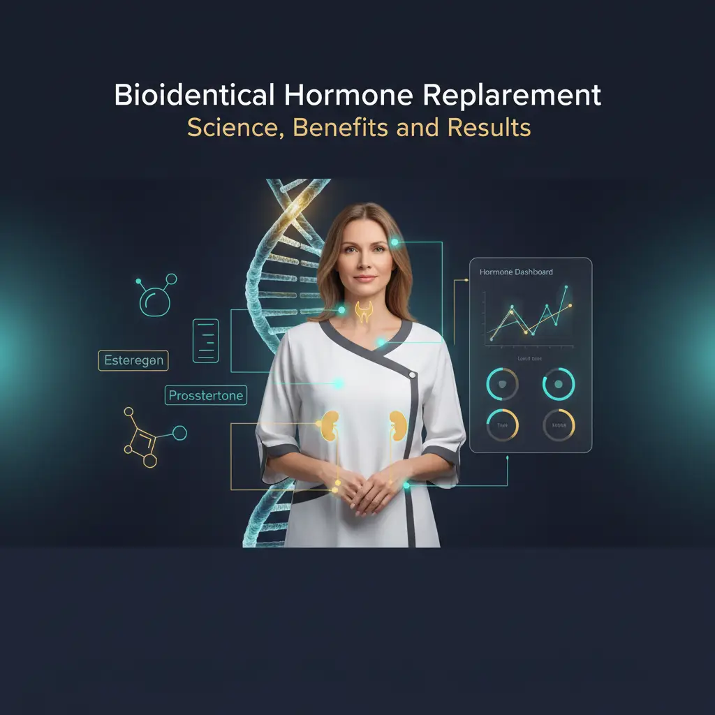 A calm, confident midlife adult stands in a softly lit, spa-like medical clinic with subtle glowing highlights over the brain, thyroid, adrenals, and ovaries connected by fine teal and gold lines, while a translucent DNA double helix, estrogen/progesterone/testosterone molecule icons, and a sleek hormone dashboard with graphs appear in the background, under the headline “Bioidentical Hormone Replacement: Science, Benefits, and Results.” (see the generated image above)