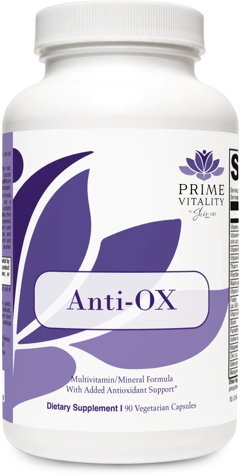 Elarive MD Vitality Anti-Ox multivitamin bottle featuring antioxidant support, labeled with "Anti-OX" and designed for total wellness, emphasizing phytonutrients and minerals.