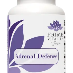 Prime Vitality Adrenal Defense supplement bottle with purple design and label, promoting wellness and health support.