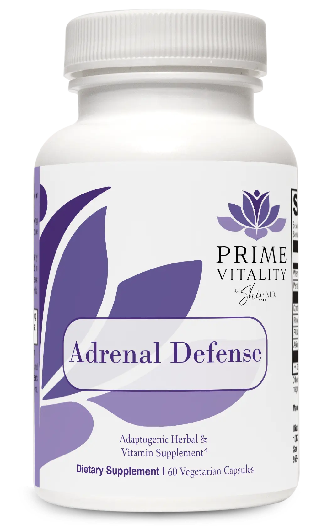 Bottle of Elarive MD Vitality Adrenal Defense supplement, featuring a white container with purple accents, labeled "Adrenal Defense," indicating an adaptogenic herbal and vitamin formula for energy and stress support.