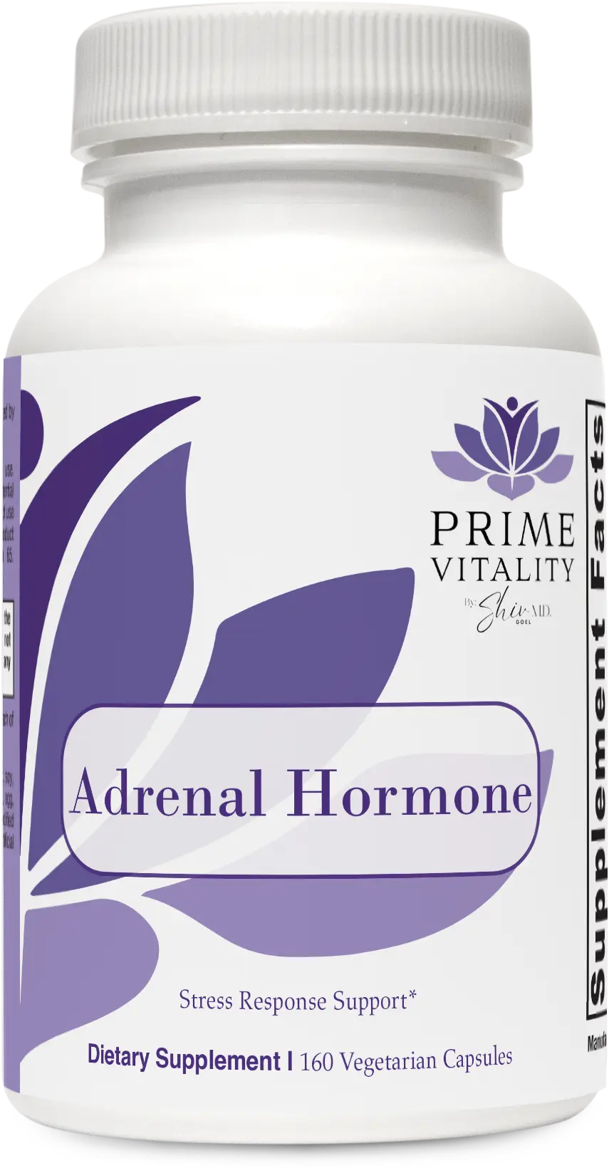 Elarive MD Vitality Adrenal Hormone supplement bottle featuring a white label with purple accents, emphasizing stress response support, dietary supplement, and 160 vegetarian capsules.