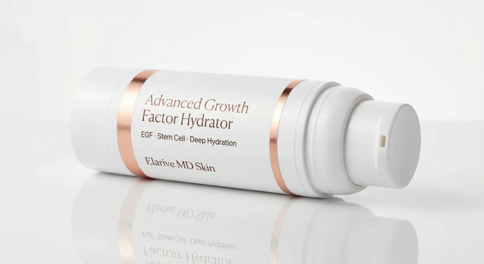 Advanced Growth Factor Hydrator by Elarive MD Skin, featuring EGF and stem cell technology for deep hydration, displayed in a sleek white bottle with rose gold accents.