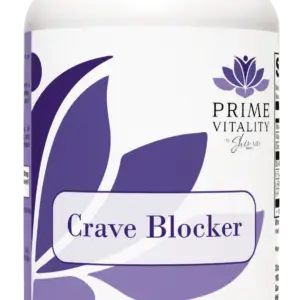 Crave Blocker supplement bottle by Prime Vitality featuring a purple and white design, highlighting the product name prominently.