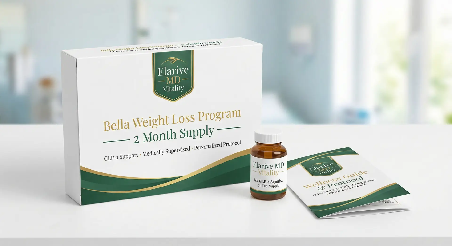 Bella Weight Loss Program packaging with 2-month supply bottle and wellness guide, emphasizing physician-supervised and personalized weight management solutions.