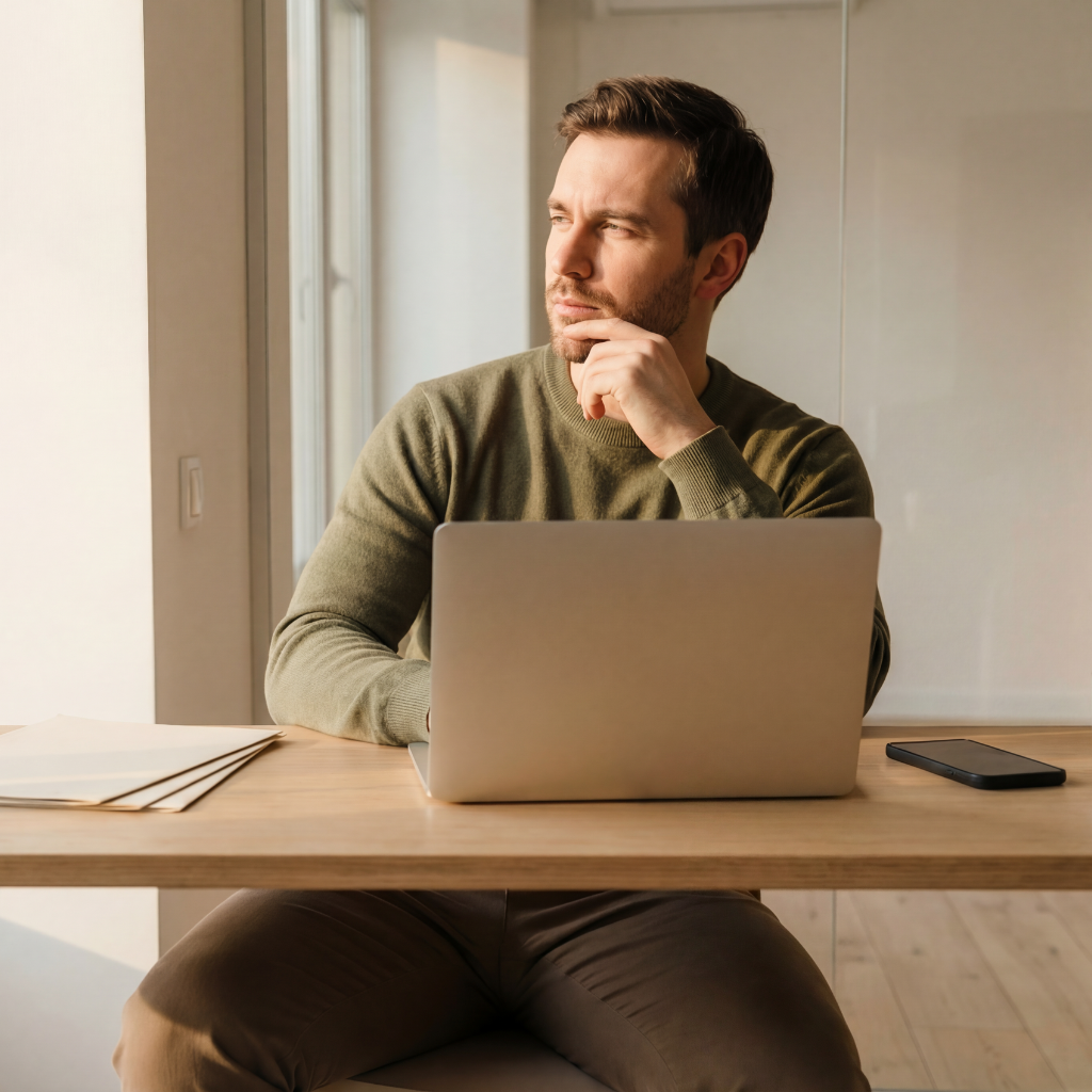 Man sitting at a desk with a laptop, contemplating, representing cognitive focus and wellness related to peptide therapy services at Prime Vitality Care.