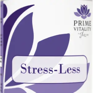 Prime Vitality Stress-Less supplement container featuring calming purple leaf design and brand logo, promoting wellness and stress relief for men's health.