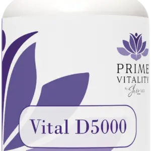 Vital D 5000 supplement bottle by Prime Vitality, featuring a white and purple design with floral elements, promoting wellness and health.