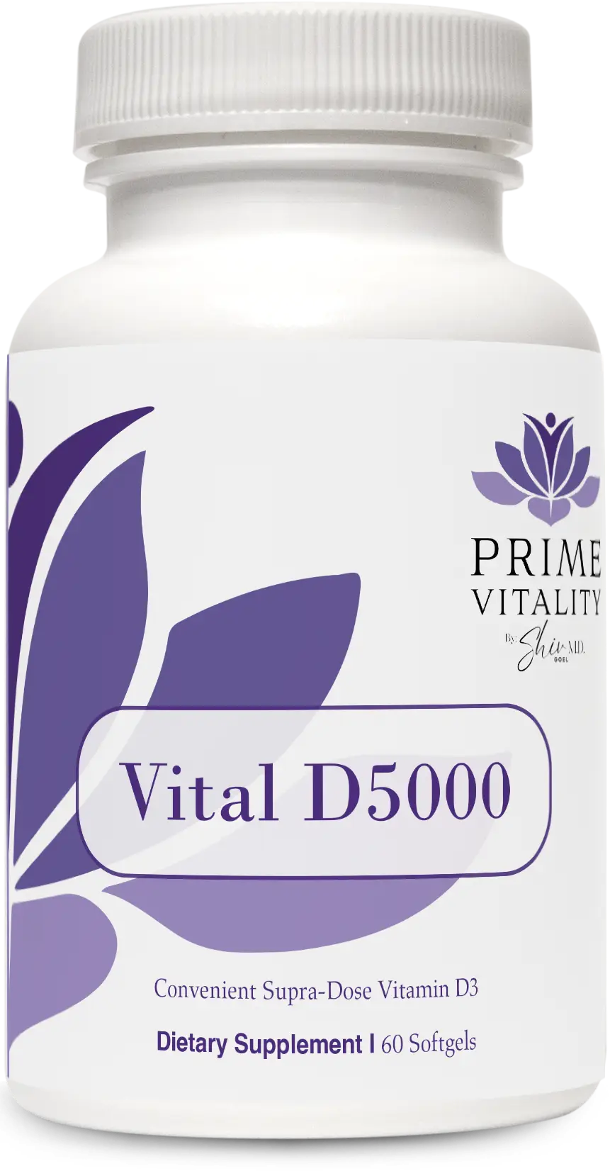 Bottle of Elarive MD Vitality Vital D 5000 dietary supplement with purple leaf design, featuring 5,000 IU of vitamin D3, labeled as a convenient supra-dose for bone and immune health.