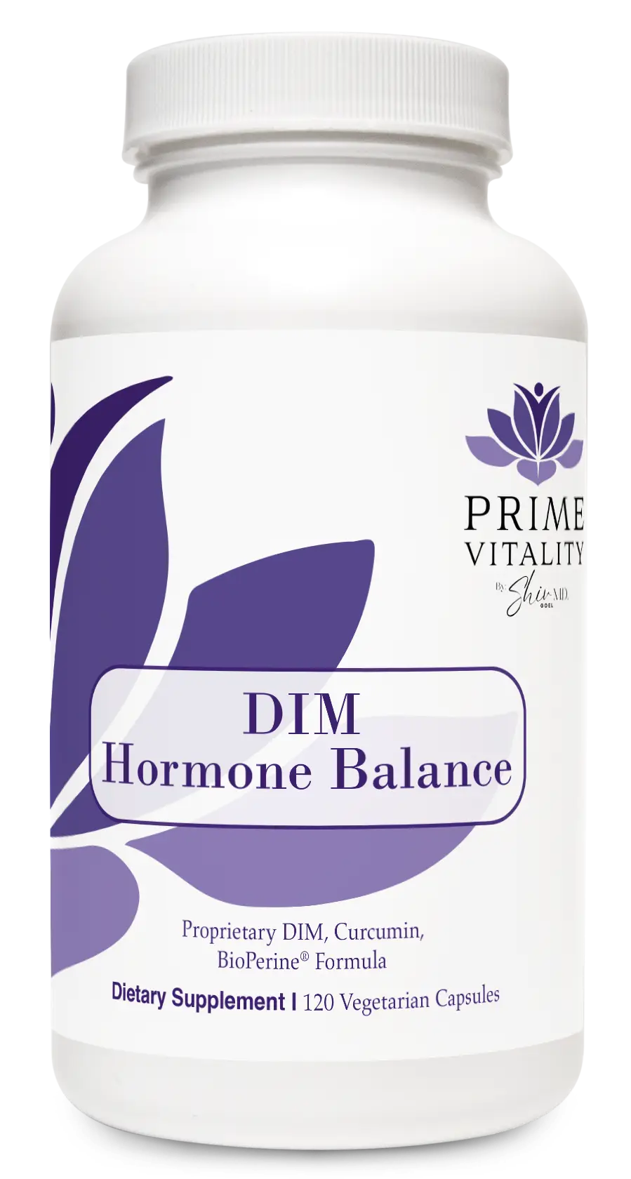 Bottle of Elarive MD Vitality DIM Hormone Balance supplement featuring a white container with a purple design, labeled 'DIM Hormone Balance', highlighting its proprietary formula with DIM, Curcumin, and BioPerine, designed for hormone support and healthy estrogen metabolism.