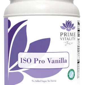 ISO Pro Vanilla protein powder by Prime Vitality, featuring no added sugar or stevia, with a floral design and branding elements.
