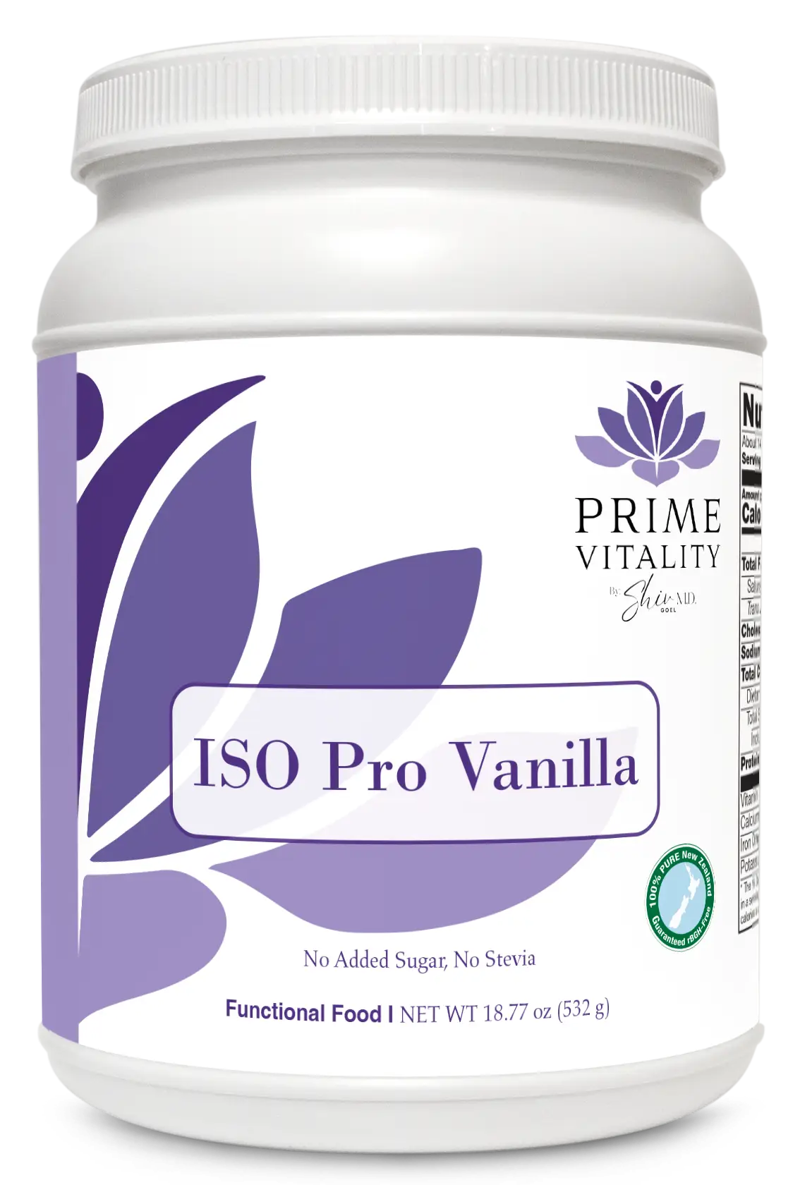 Clean vanilla whey protein powder, Elarive MD Vitality ISO Pro Vanilla, featuring no added sugar or stevia, designed for lean muscle support, with a white container and purple leaf design.