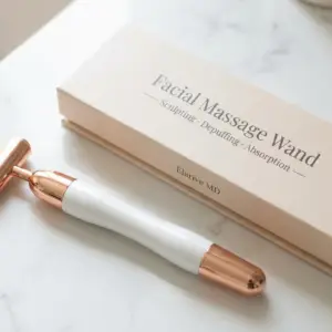 Facial Massage Wand by Elarive MD with rose gold accents and packaging, designed for sculpting, depuffing, and absorption of skincare products.