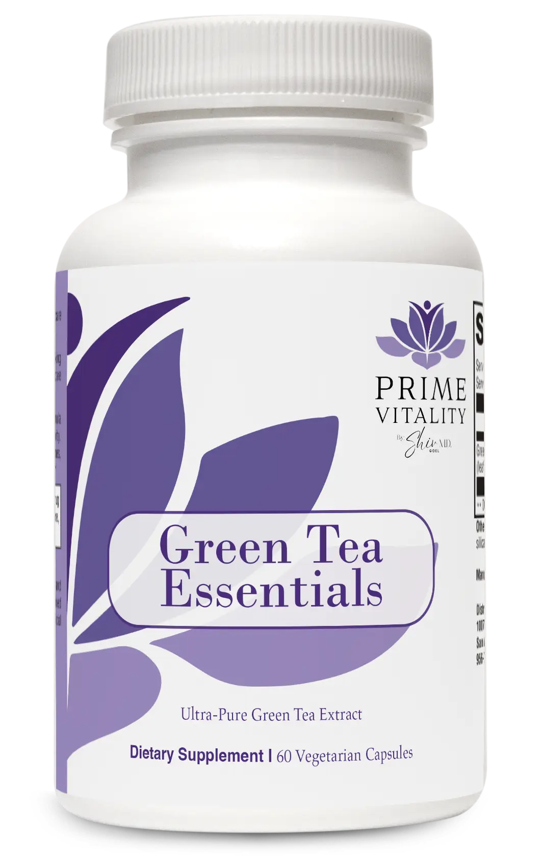 Bottle of Elarive MD Vitality Green Tea Essentials supplement featuring a white container with a purple leaf design, labeled "Green Tea Essentials" and "Ultra-Pure Green Tea Extract," emphasizing its antioxidant properties and dietary supplement benefits.