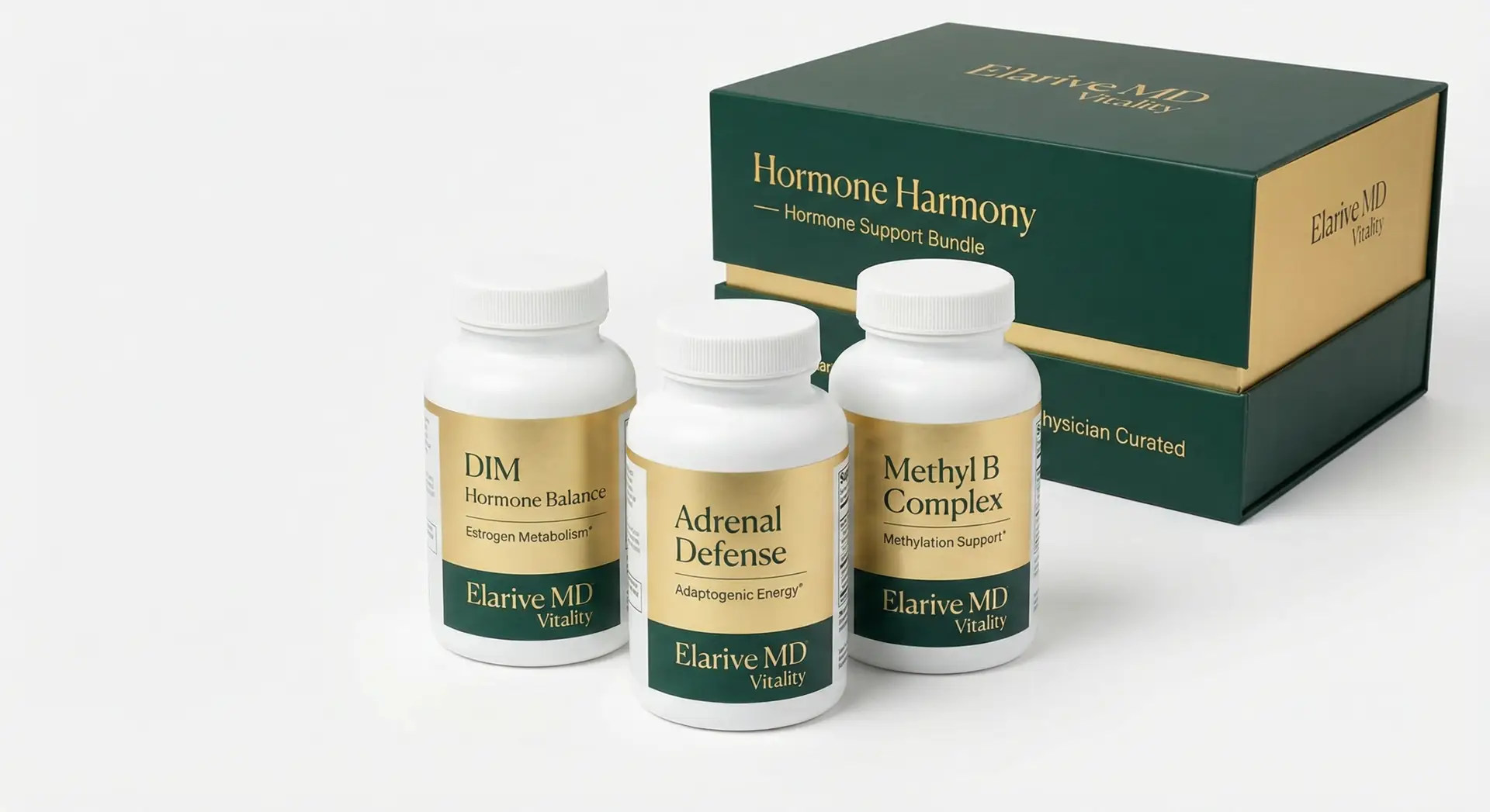 Hormone Harmony Kit by Elarive MD featuring DIM, Adrenal Defense, and Methyl B Complex supplements for hormone balance and wellness.