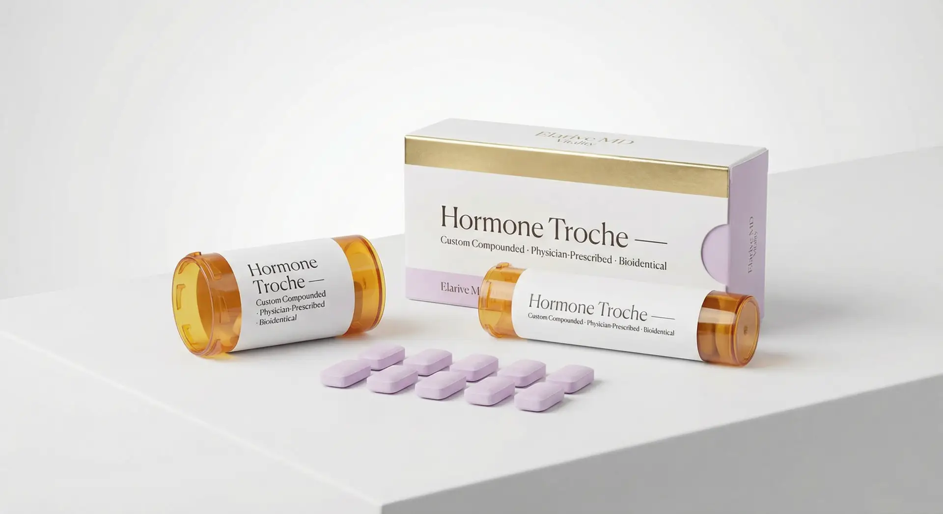 Custom-compounded hormone troche packaging and tablets, labeled "Hormone Troche," featuring biest, DHEA, progesterone, and testosterone, positioned on a clean surface, emphasizing hormone support and wellness.