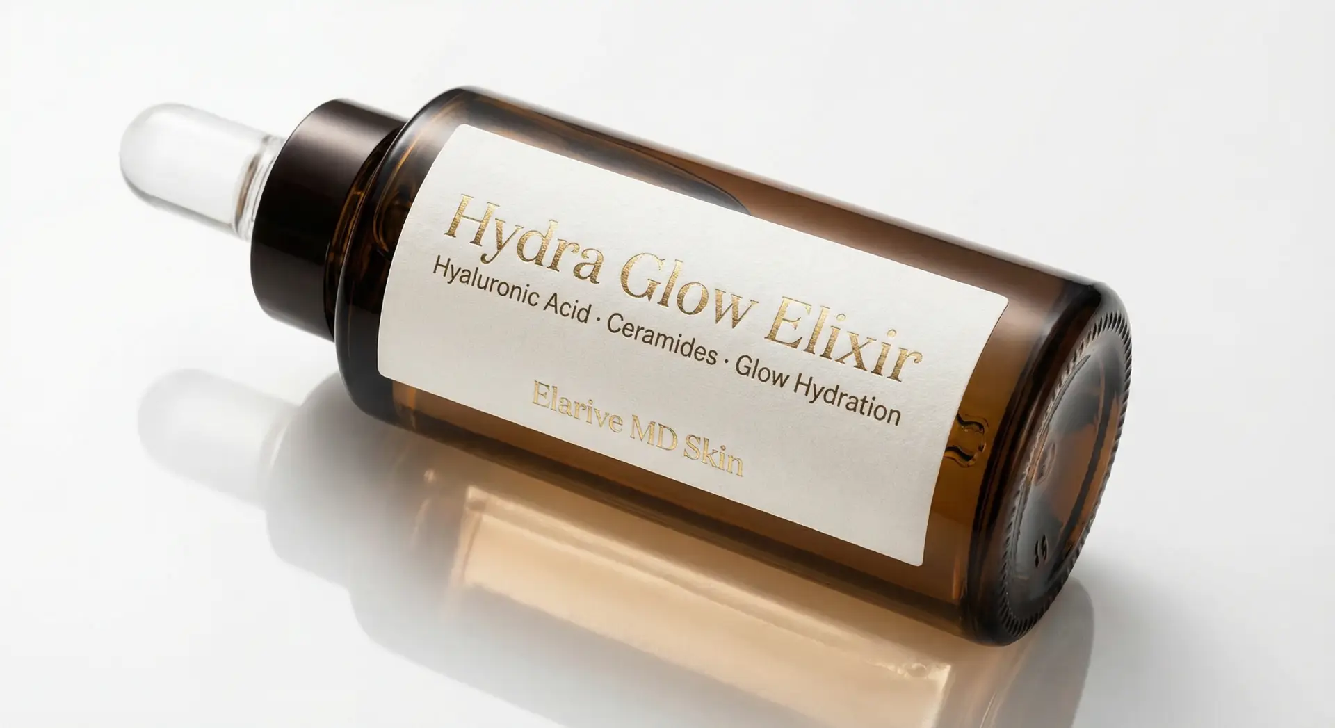 Hydra Glow Elixir bottle featuring hyaluronic acid and ceramides for hydration, labeled with Elarive MD Skin branding.