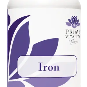 Iron supplement from Prime Vitality, featuring a white container with a purple leaf design and the label "Iron."