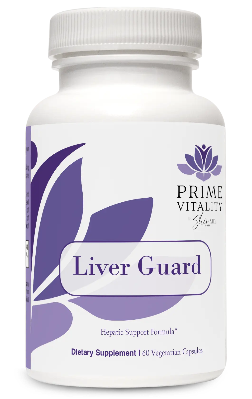 Elarive MD Vitality Liver Guard dietary supplement bottle featuring hepatic support formula, 60 vegetarian capsules, branded with Prime Vitality logo and purple leaf design.