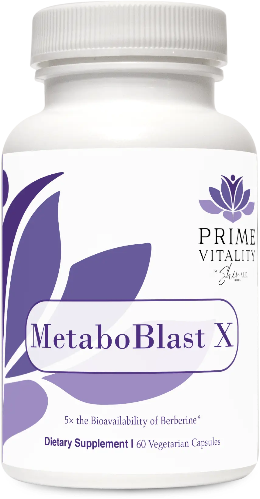 Elarive MD Vitality MetaboBlast X supplement bottle featuring berberine, labeled as a dietary supplement with 60 vegetarian capsules, emphasizing metabolism support and blood sugar management.