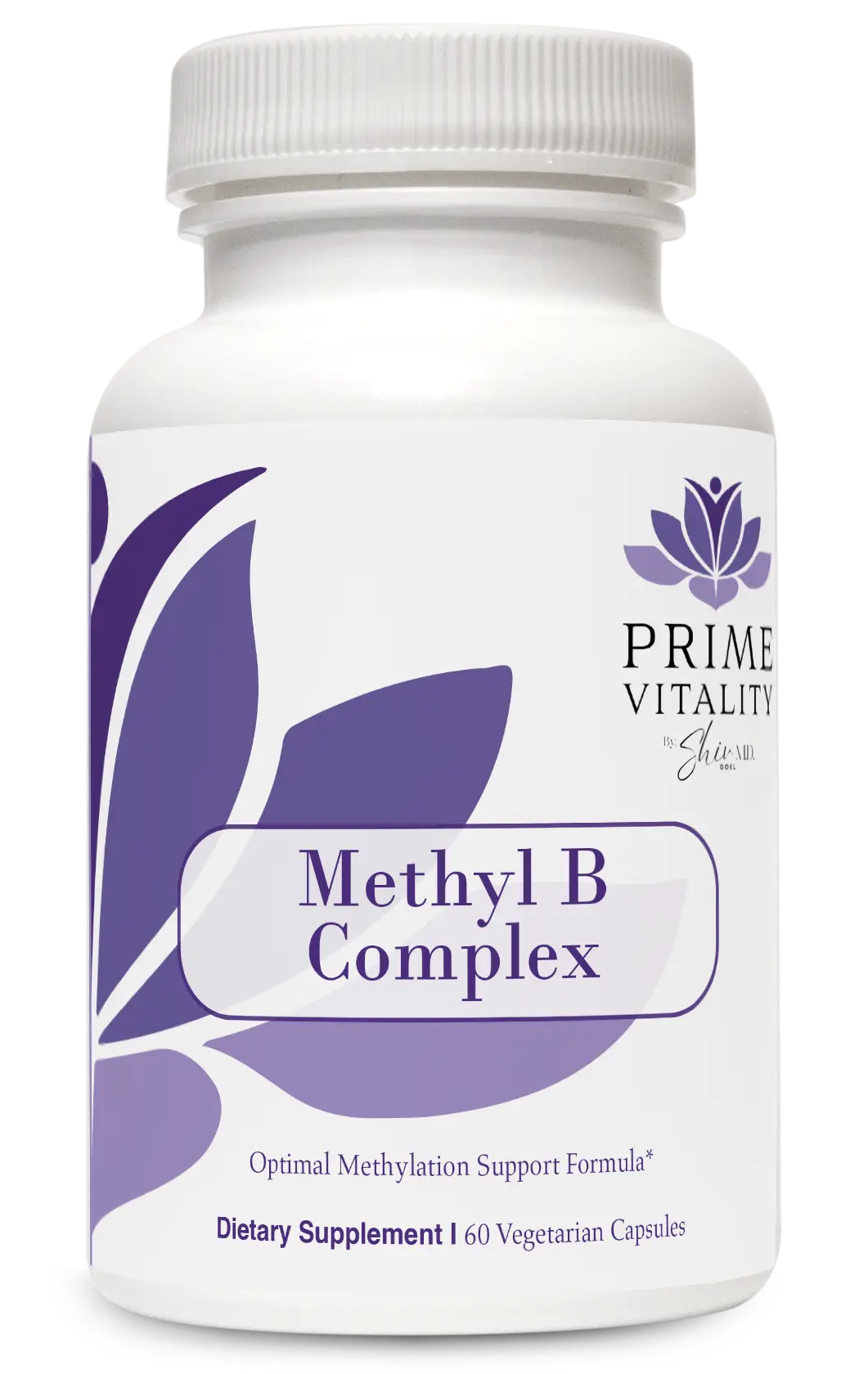 Bottle of Elarive MD Methyl B Complex dietary supplement with 60 vegetarian capsules, featuring a white container and purple leaf design, promoting optimal methylation support.