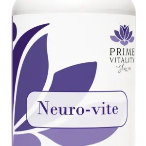 Neuro-vite supplement bottle by Prime Vitality, featuring a purple leaf design and labeled with the product name.