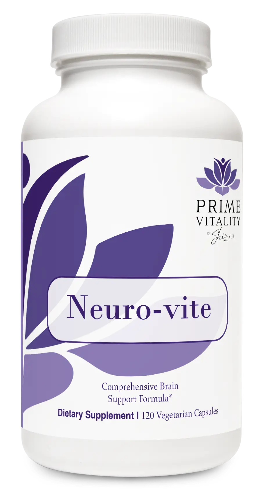 Neuro-vite dietary supplement bottle by Prime Vitality, featuring a purple design, labeled as a comprehensive brain support formula for cognitive health and memory enhancement.