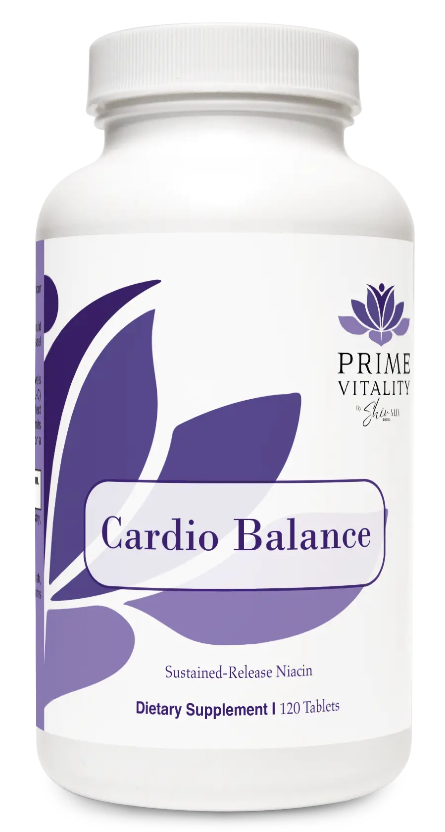 Elarive MD Vitality Cardio Balance supplement bottle featuring a white label with purple leaves, indicating sustained-release niacin for cardiovascular health, 120 tablets.