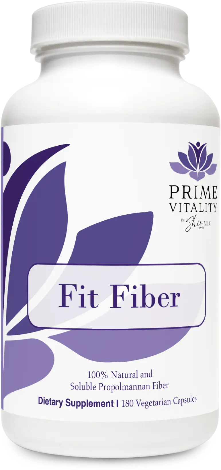 Fit Fiber supplement bottle by Prime Vitality, featuring a white container with purple design elements, labeled "Fit Fiber," and indicating "100% Natural and Soluble Propolmannan Fiber" with "Dietary Supplement | 180 Vegetarian Capsules."