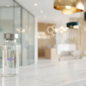 Clear glass vial with silver cap on marble surface, featuring a purple logo, set in a modern wellness environment with blurred background elements suggesting a medical or spa setting, relevant to physician-formulated skincare and wellness products for men's health.