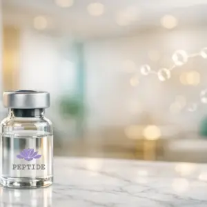 Peptide therapy vial on a marble surface, featuring a label with a lotus logo, symbolizing premium skincare and wellness products for men's health.