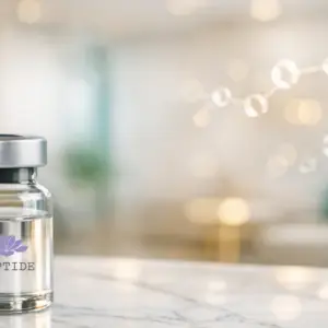 Vial of peptide therapy on a marble surface, symbolizing premium skincare and wellness products crafted for men's health by Prime Vitality Total Wellness.