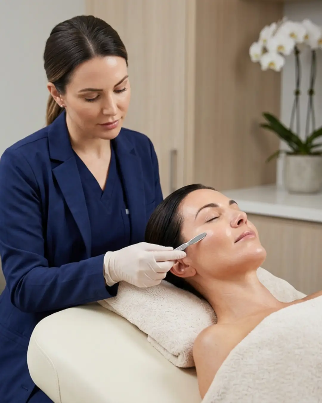 Woman with radiant, glowing skin after dermaplaning treatment