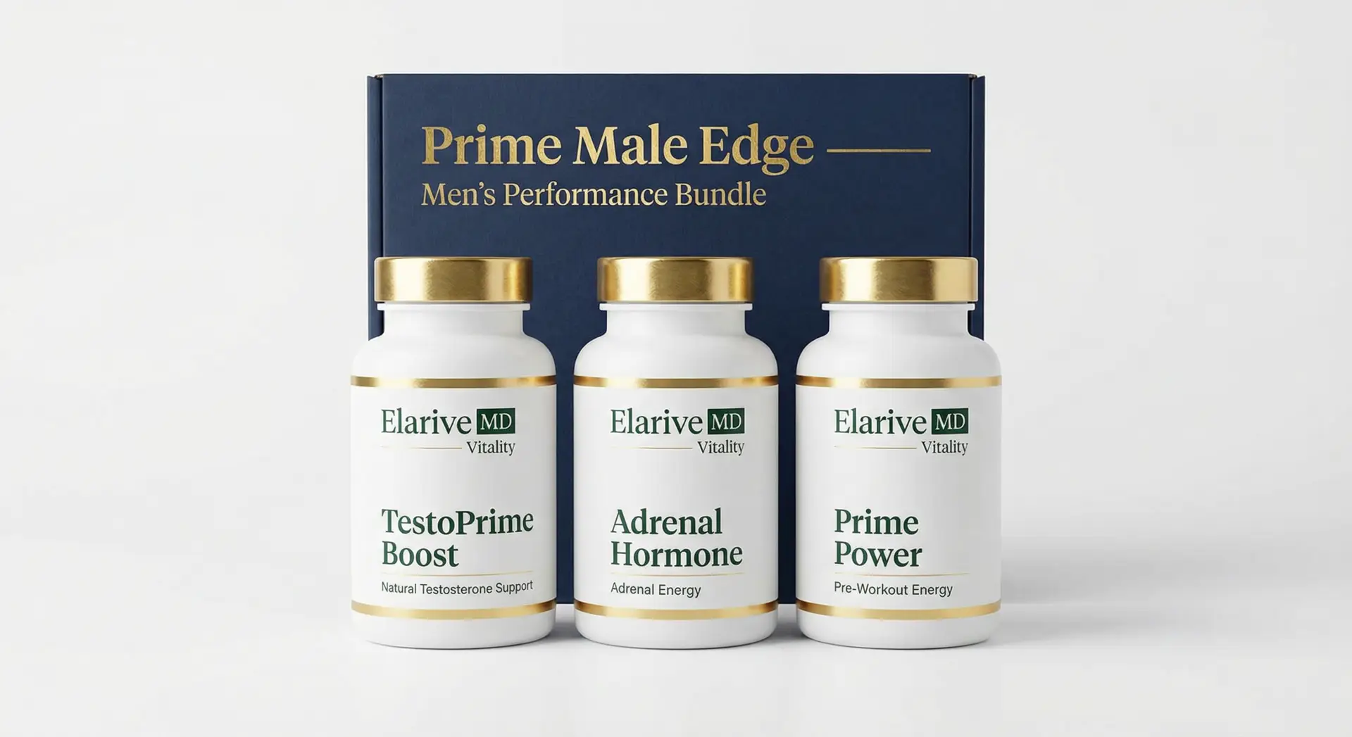 Elarive MD Prime Male Edge men's performance bundle featuring three supplement bottles: TestoPrime Boost for testosterone support, Adrenal Hormone for adrenal energy, and Prime Power for pre-workout energy, displayed in a branded box.