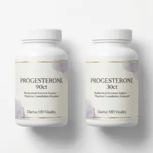 Elarive MD Vitality Progesterone supplement bottles, featuring 90ct and 30ct options, designed for hormonal balance and wellness support.