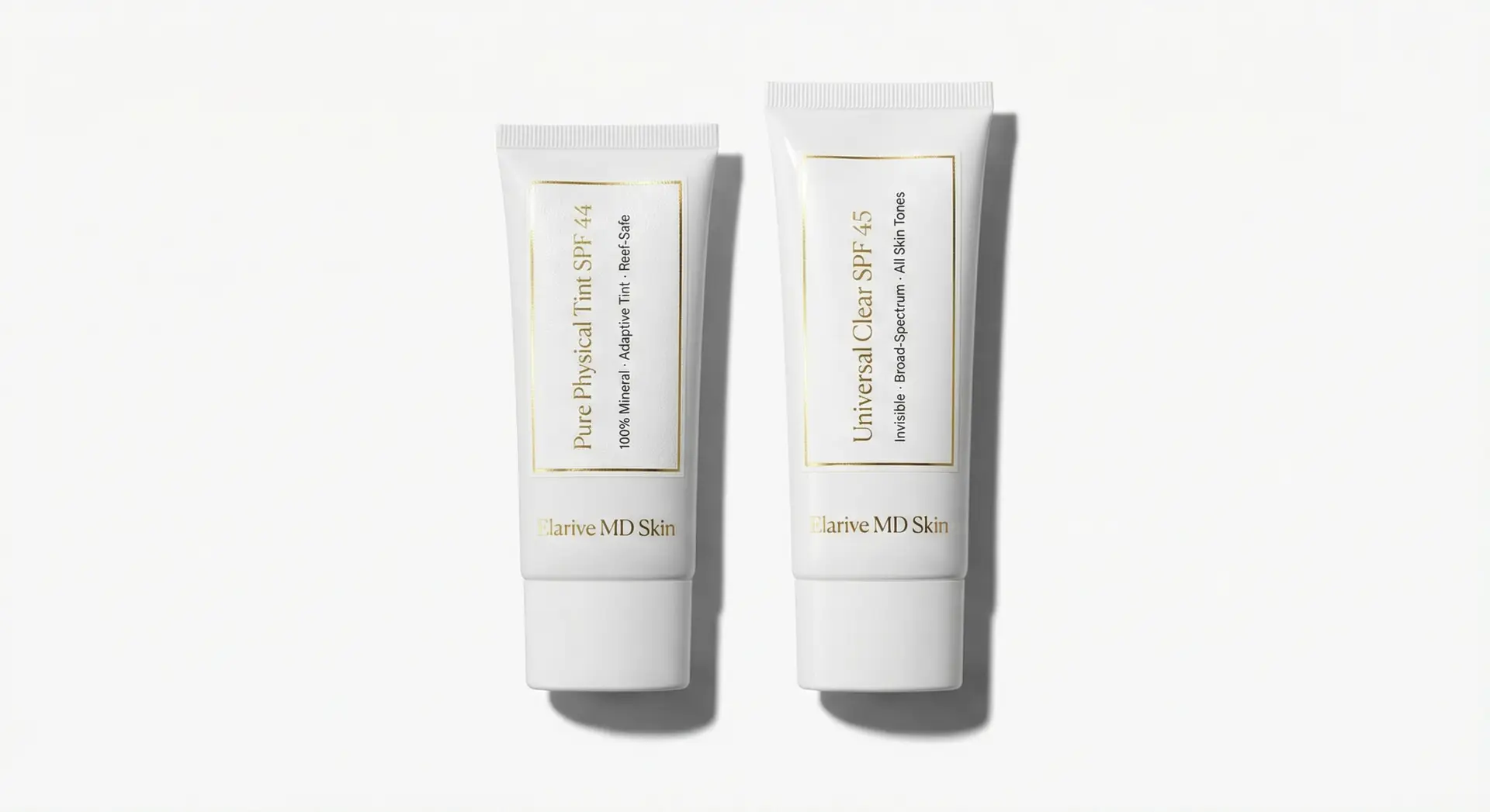 Elarive MD Skin Pure Physical SPF 40 and Universal Clear SPF 45 sunscreen tubes, featuring mineral formulations, adaptive tint, and dermatologist-tested labels on a clean white background.