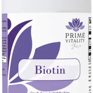 Biotin supplement from Prime Vitality, featuring a purple floral design and labeled "Biotin," emphasizing men's health and wellness.